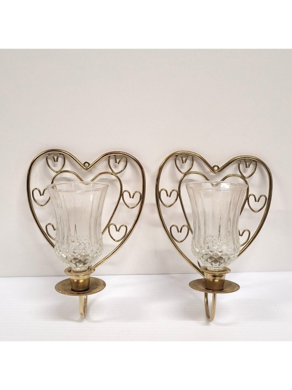 Homco Heart Shaped Brass Tone Pair Wall Sconce Candle Holders Glass Votives